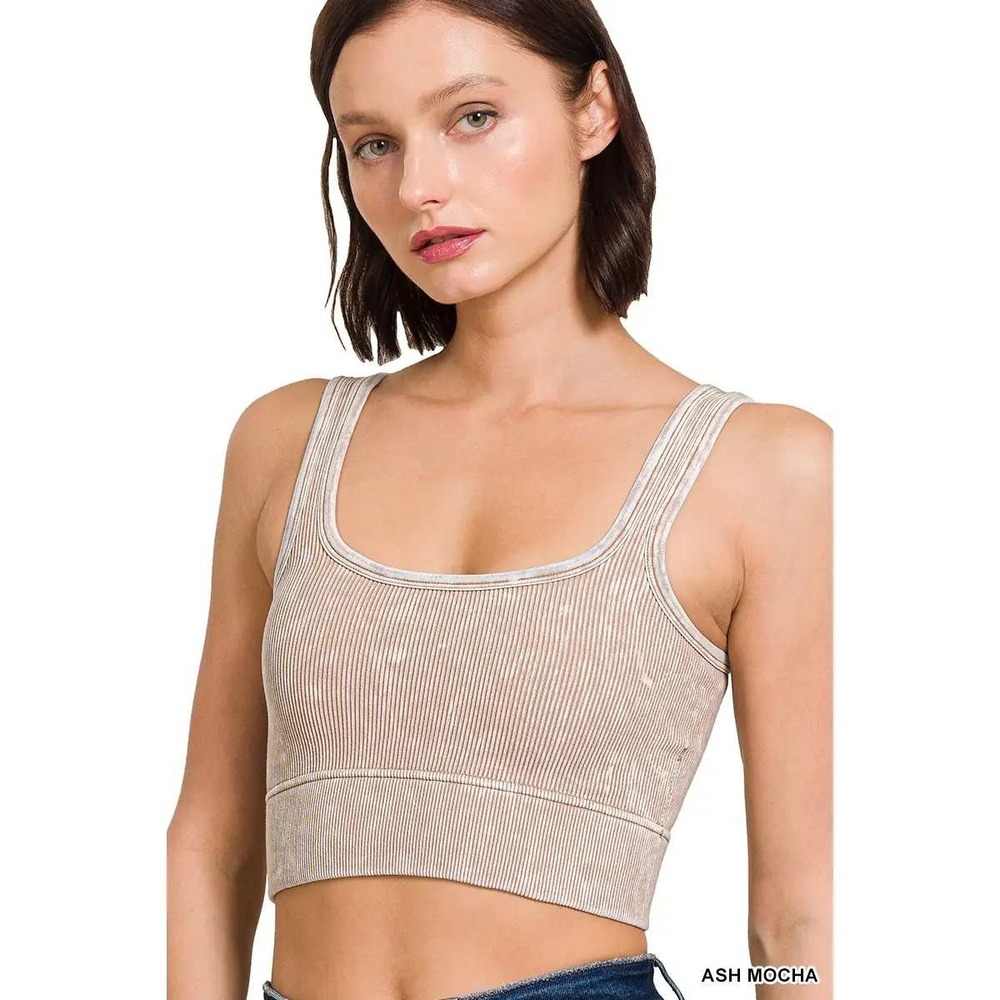 Zenana Seamless Ribbed Mineral Wash Crop Top Ash Mocha Square Neck  Tank - L/XL